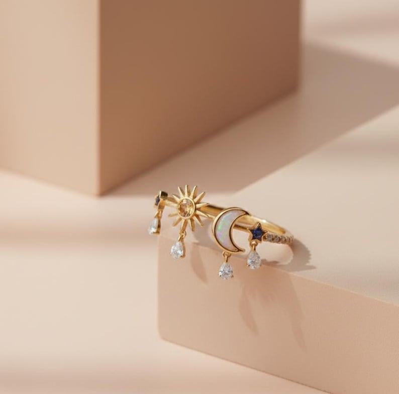Celestial Wedding Ring | Gold Plated Sun, Moon, Star with Gemstone Drops davikajewels gemstone