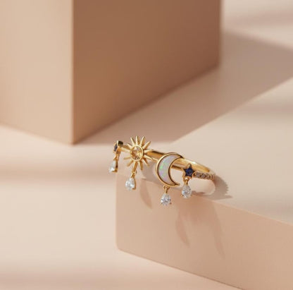 Celestial Wedding Ring | Gold Plated Sun, Moon, Star with Gemstone Drops davikajewels gemstone