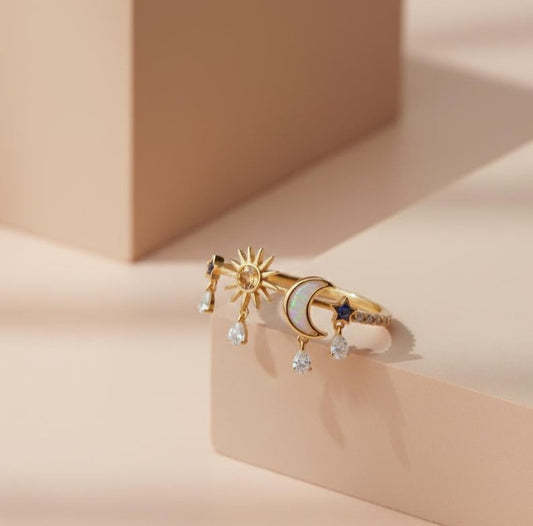 Celestial Wedding Ring | Gold Plated Sun, Moon, Star with Gemstone Drops davikajewels gemstone