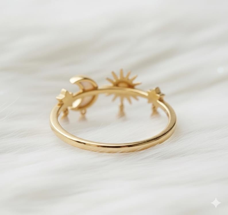 Celestial Wedding Ring | Gold Plated Sun, Moon, Star with Gemstone Drops devikajewels