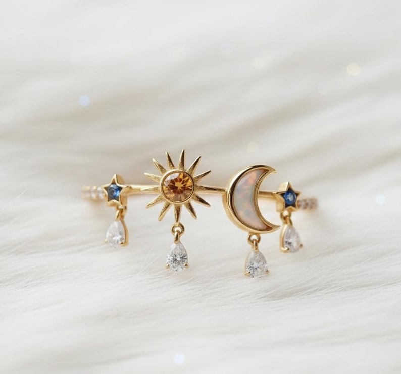Celestial Wedding Ring | Gold Plated Sun, Moon, Star with Gemstone Drops jewelsdevika
