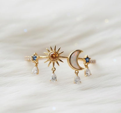 Celestial Wedding Ring | Gold Plated Sun, Moon, Star with Gemstone Drops jewelsdevika