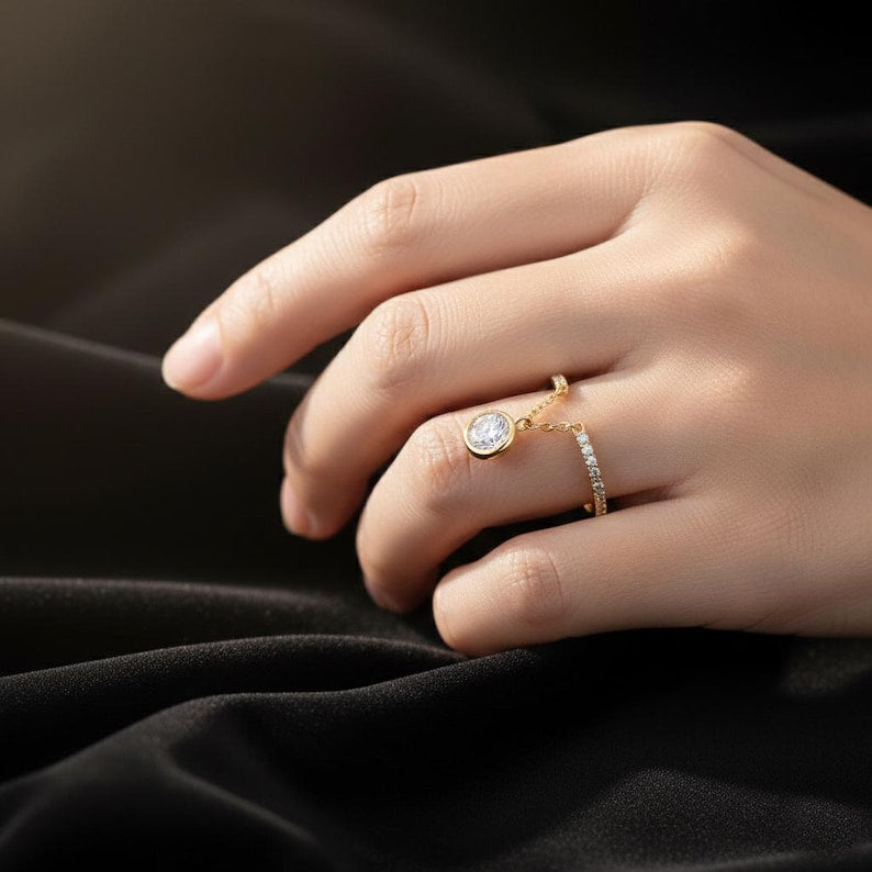 Diamond Drop Chain Ring 925 Sterling Silver Promise Band, Dangle Stacking Engagement Ring for Women 1