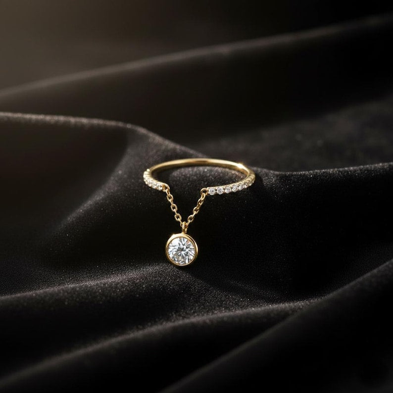 Diamond Drop Chain Ring 925 Sterling Silver Promise Band, Dangle Stacking Engagement Ring for Women devikagemjewels