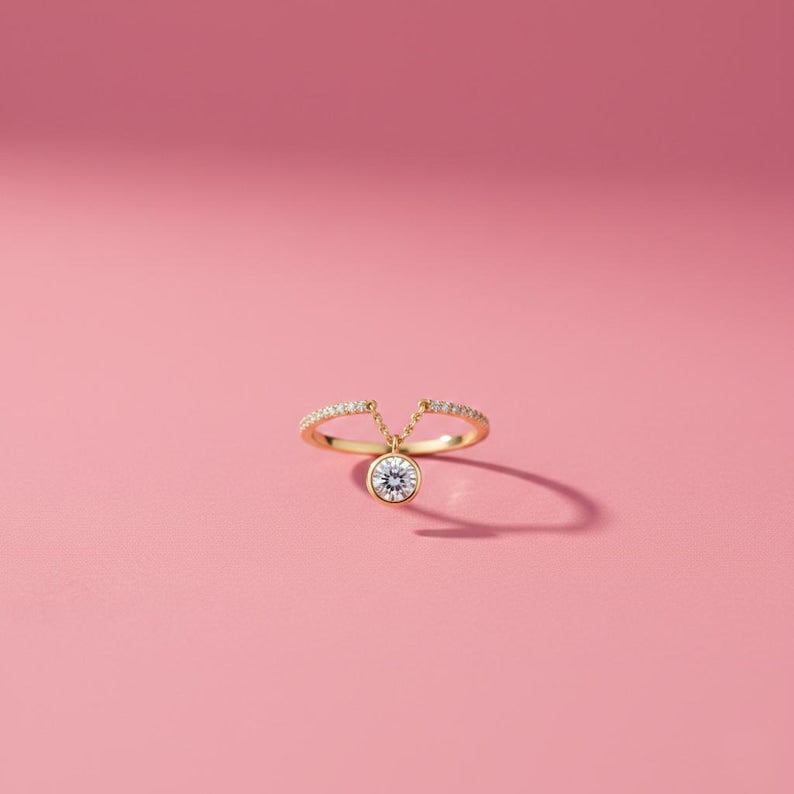 Diamond Drop Chain Ring 925 Sterling Silver Promise Band, Dangle Stacking Engagement Ring for Women gemsjewels