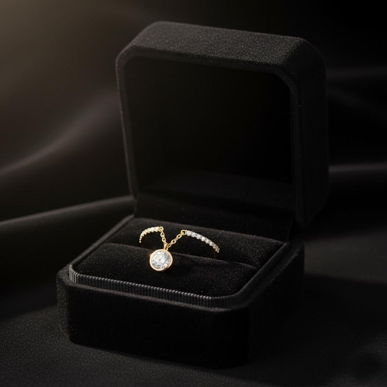 Diamond Drop Chain Ring 925 Sterling Silver Promise Band, Dangle Stacking Engagement Ring for Women devika