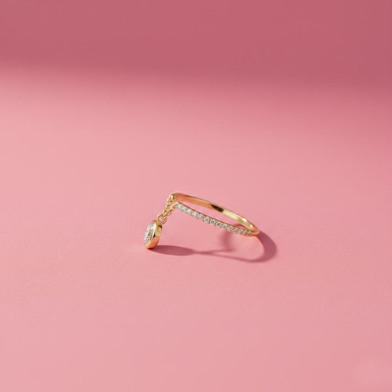 Diamond Drop Chain Ring 925 Sterling Silver Promise Band, Dangle Stacking Engagement Ring for Women devikajwelry