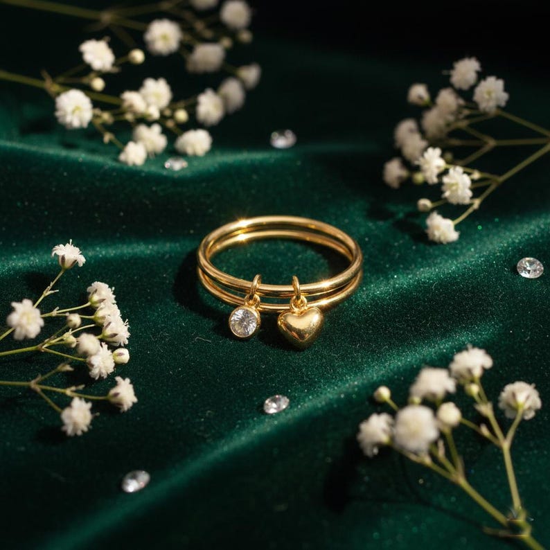 Diamond Drop Ring 925Sterling Silver Interlocking Two Band Plain Heart Ring 1