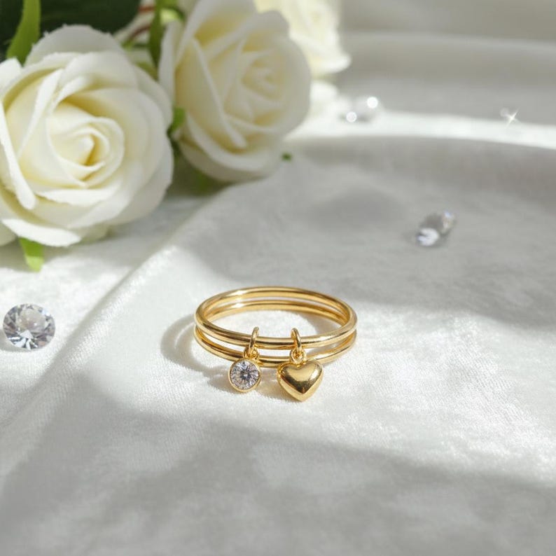 Diamond Drop Ring 925Sterling Silver Interlocking Two Band Plain Heart Ring 2