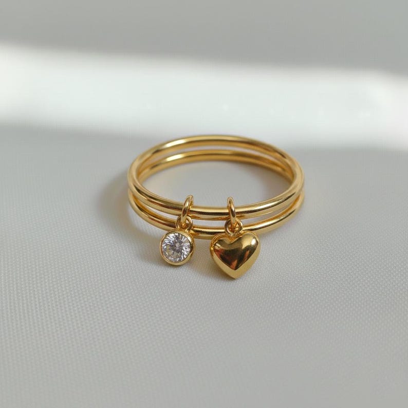 Diamond Drop Ring 925Sterling Silver Interlocking Two Band Plain Heart Ring 3