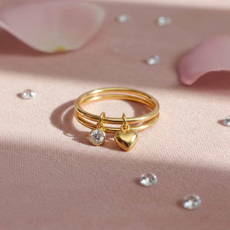 Diamond Drop Ring 925Sterling Silver Interlocking Two Band Plain Heart Ring 4