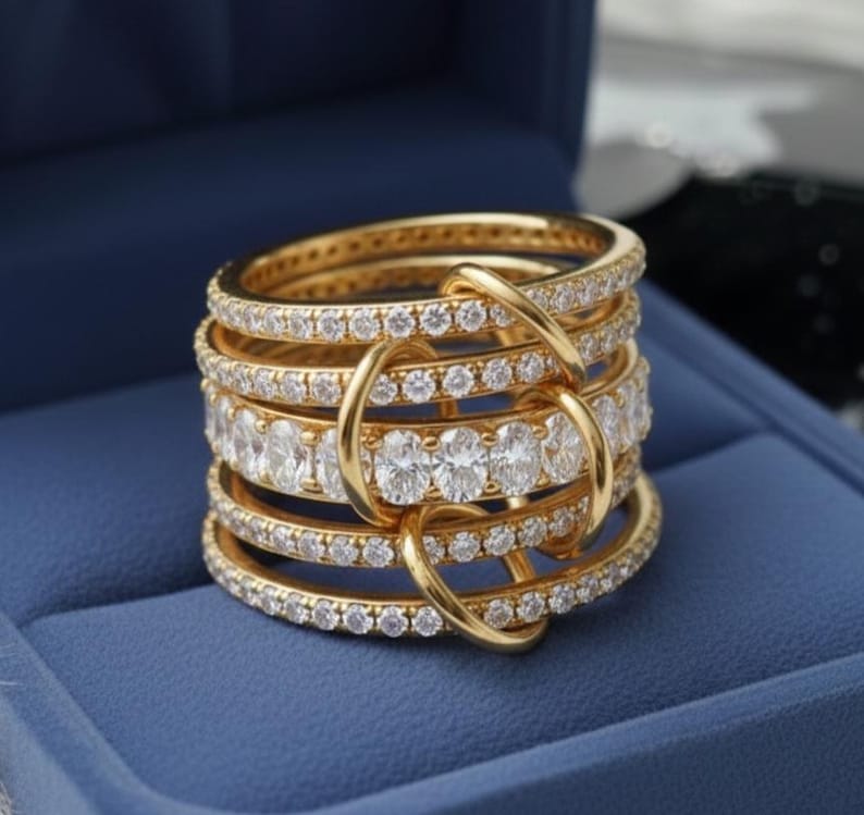 Oval and Round Diamond Interlocking Rings – Handmade Chunky Diamond Rings in 925 Sterling Silver & 14k Yellow Gold