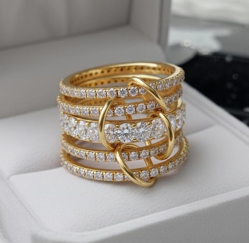 Oval and Round Diamond Interlocking Rings – Handmade Chunky Diamond Rings in 925 Sterling Silver & 14k Yellow Gold