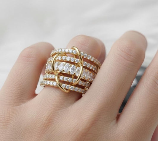 Oval and Round Diamond Interlocking Rings – Handmade Chunky Diamond Rings in 925 Sterling Silver & 14k Yellow Gold