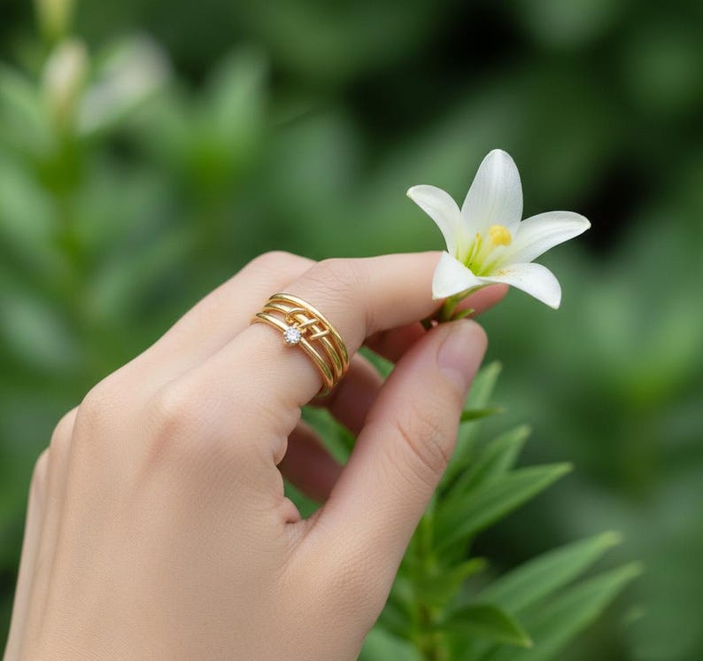 Diamond Solitaire Drop Ring 925Sterling Silver Interlocking Triple Band 3