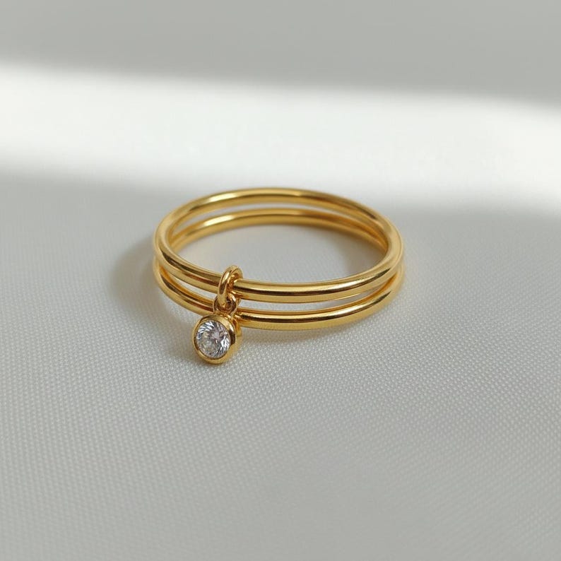 Diamond Solitaire Drop Ring 925Sterling Silver Interlocking Two Band 1