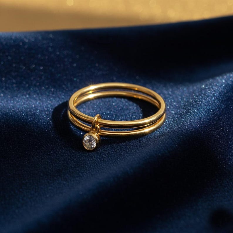 Diamond Solitaire Drop Ring 925Sterling Silver Interlocking Two Band 2