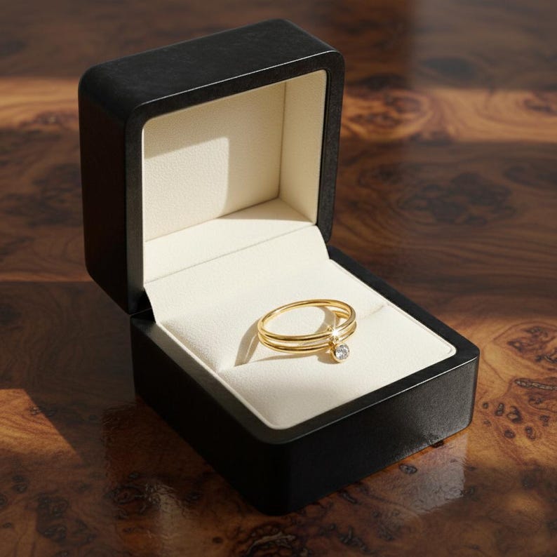 Diamond Solitaire Drop Ring 925Sterling Silver Interlocking Two Band 3