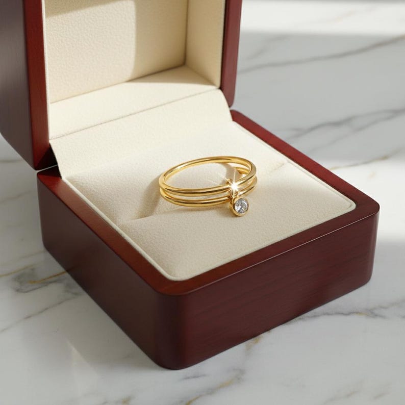 Diamond Solitaire Drop Ring 925Sterling Silver Interlocking Two Band 4