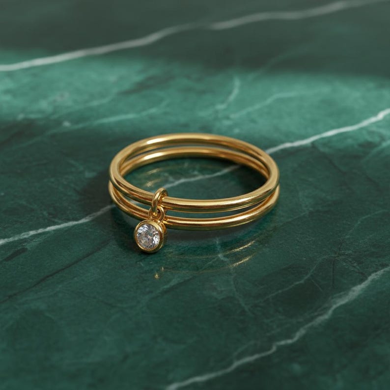 Diamond Solitaire Drop Ring 925Sterling Silver Interlocking Two Band 5