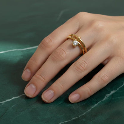 Diamond Solitaire Drop Ring 925Sterling Silver Interlocking Two Band 6