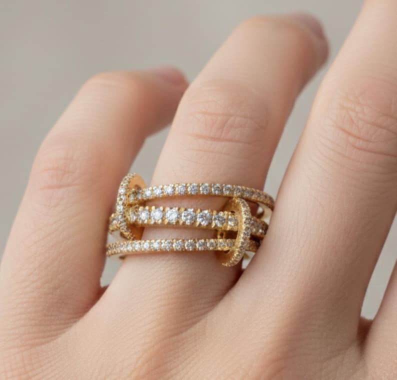 Diamond Triple Interlocking Chunky Band Ring, Multi Linked Connected Ring devikajewlery
