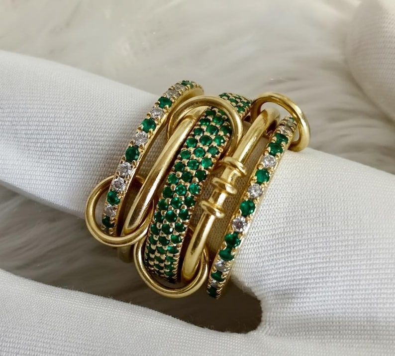 Emerald Diamond Interlocking Spinner Ring, 14k Gold Multi Linked Connected Band - gemsjewels