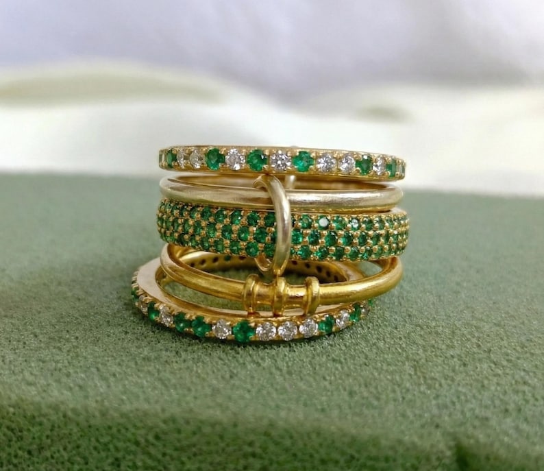 Emerald Diamond Interlocking Spinner Ring, 14k Gold Multi Linked Connected Band devikajewels
