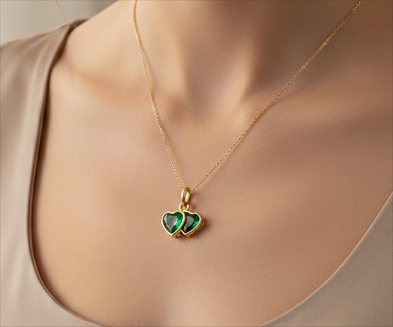 Emerald Double Heart Pendant Necklace | 925 Sterling Silver Love Charm devikajewels