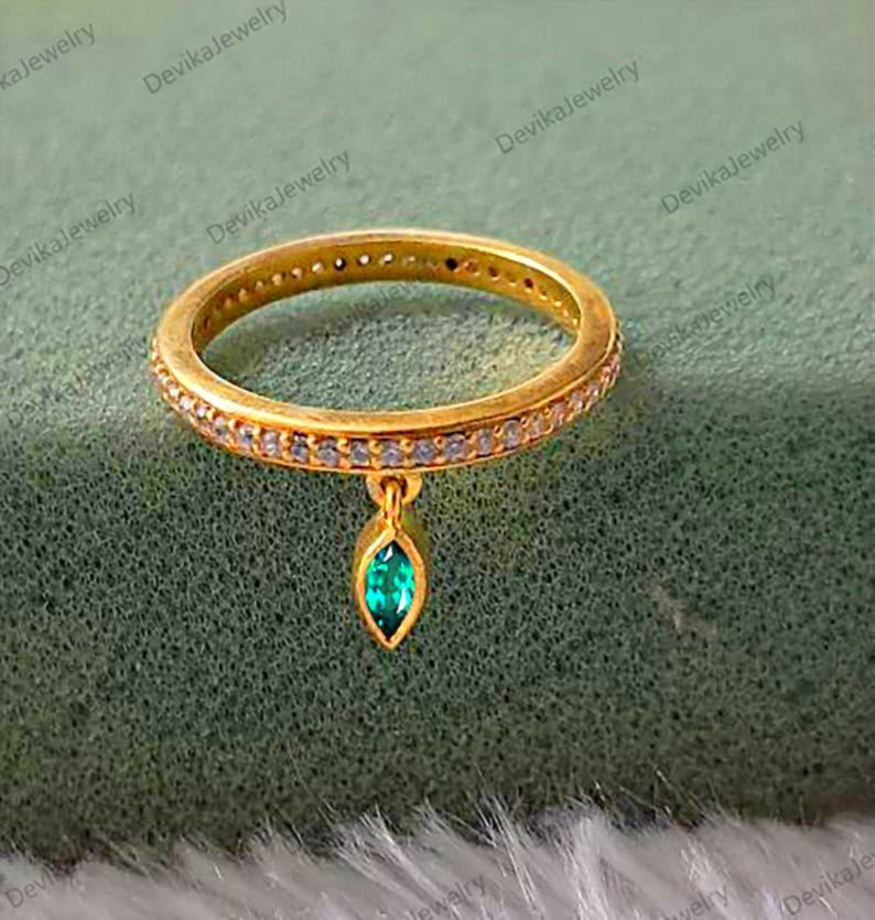 Emerald Drop Ring 925 Silver with Diamond Tassel 1