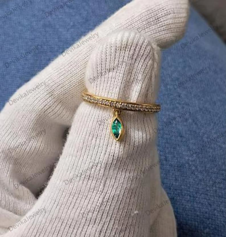 Emerald Drop Ring 925 Silver with Diamond Tassel 2