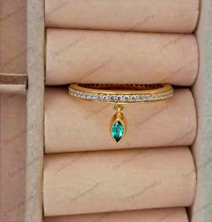 Emerald Drop Ring 925 Silver with Diamond Tassel 6