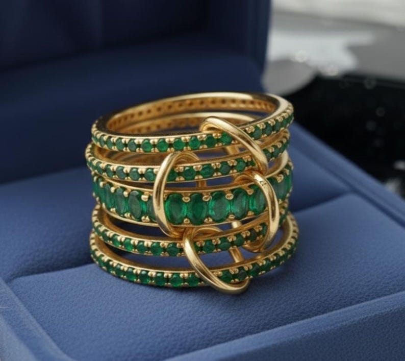 Emerald Five Interlocking Spinner Ring, 14k Gold Multi Linked Band devika band ring
