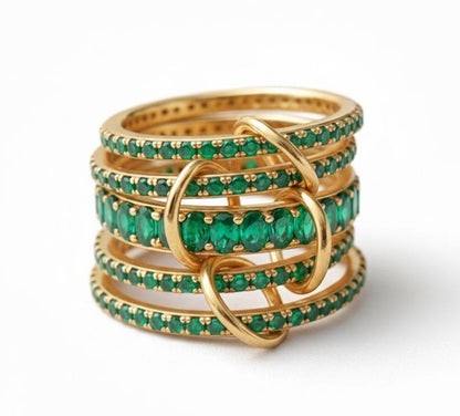 Emerald Five Interlocking Spinner Ring, 14k Gold Multi Linked Band devikagemsjewels