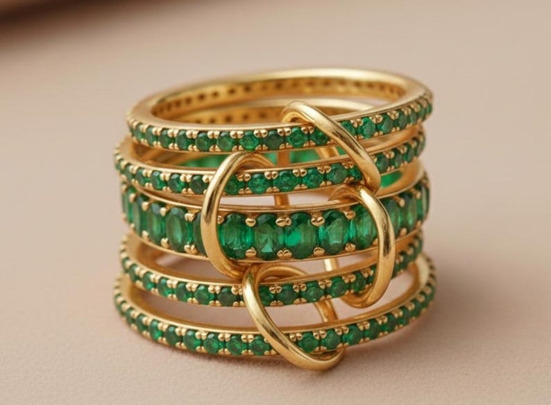 Emerald Five Interlocking Spinner Ring, 14k Gold Multi Linked Band - devika gems and jewels ring