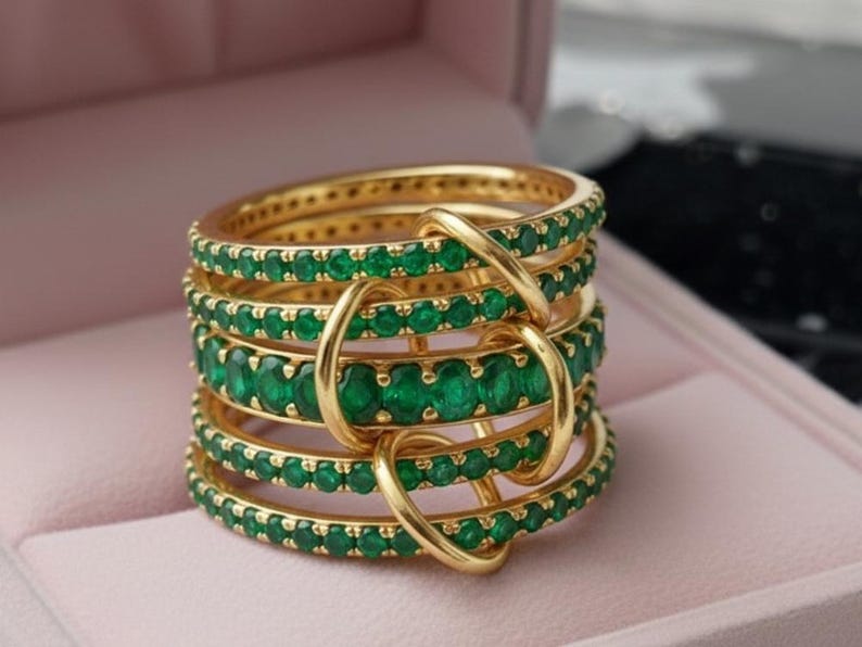 Emerald Five Interlocking Spinner Ring, 14k Gold Multi Linked Band - devika jewels band ring