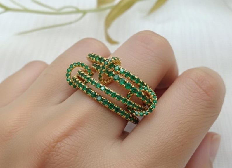 Emerald Interlocking Ring, 925 Silver Multi linked Eternity Connected Chunky Band 4