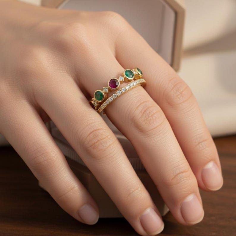 Emerald Ruby Stacking Rings Yellow Gold Multi Stone 2