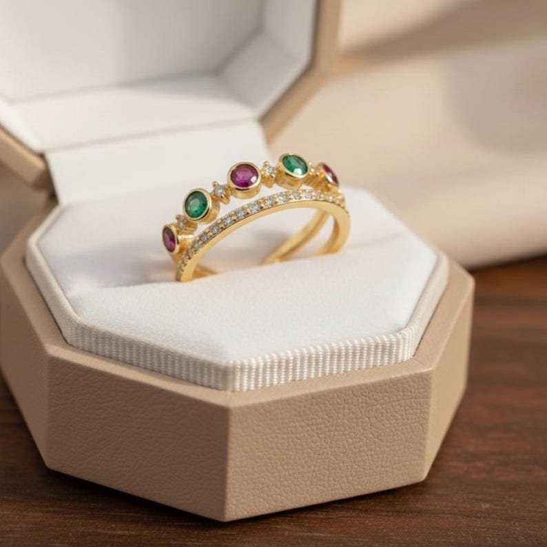 Emerald Ruby Stacking Rings Yellow Gold Multi Stone 4