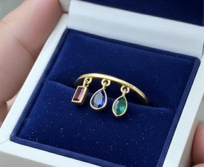 Emerald, Ruby and Blue Sapphire Drop Teardrop Tassel Ring in 925 Silver 1