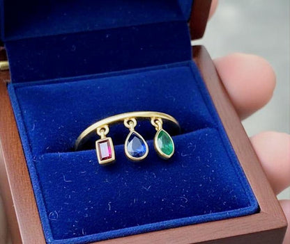 Emerald, Ruby and Blue Sapphire Drop Teardrop Tassel Ring in 925 Silver 2