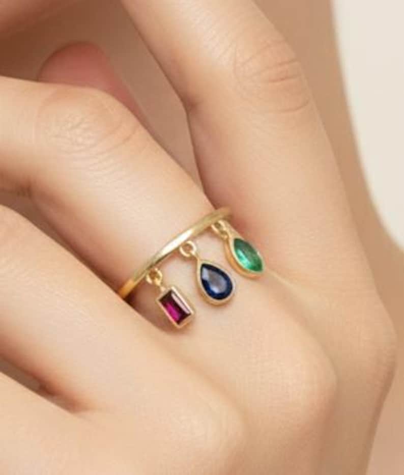 Emerald, Ruby and Blue Sapphire Drop Teardrop Tassel Ring in 925 Silver 4
