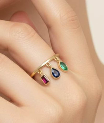 Emerald, Ruby and Blue Sapphire Drop Teardrop Tassel Ring in 925 Silver 4
