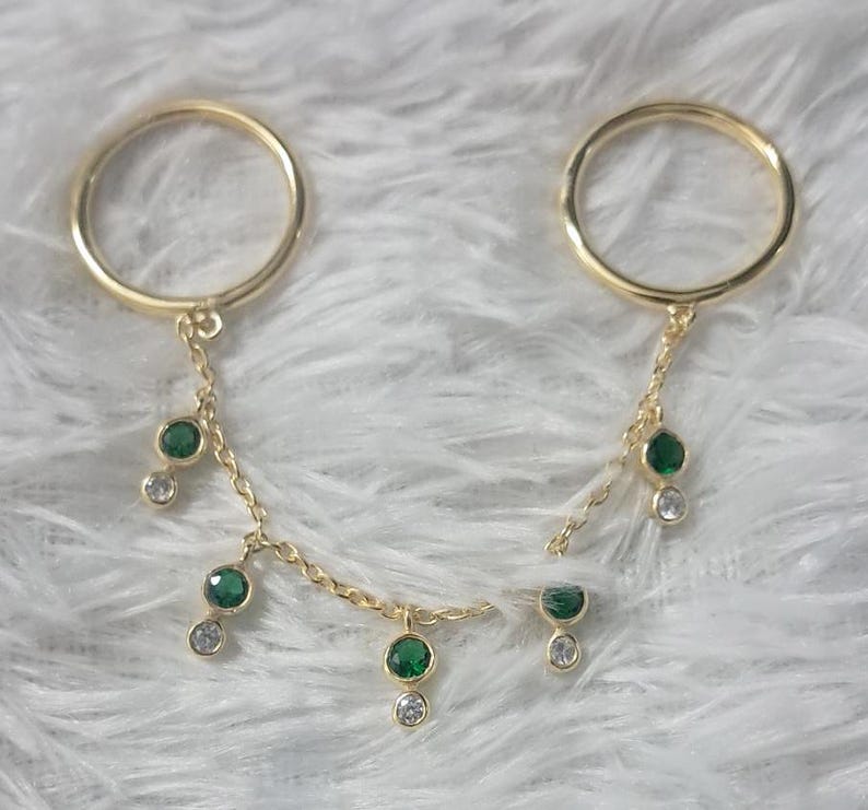 Emerald and CZ Diamond Two Finger Chain Ring, 18k Yellow Plated 4