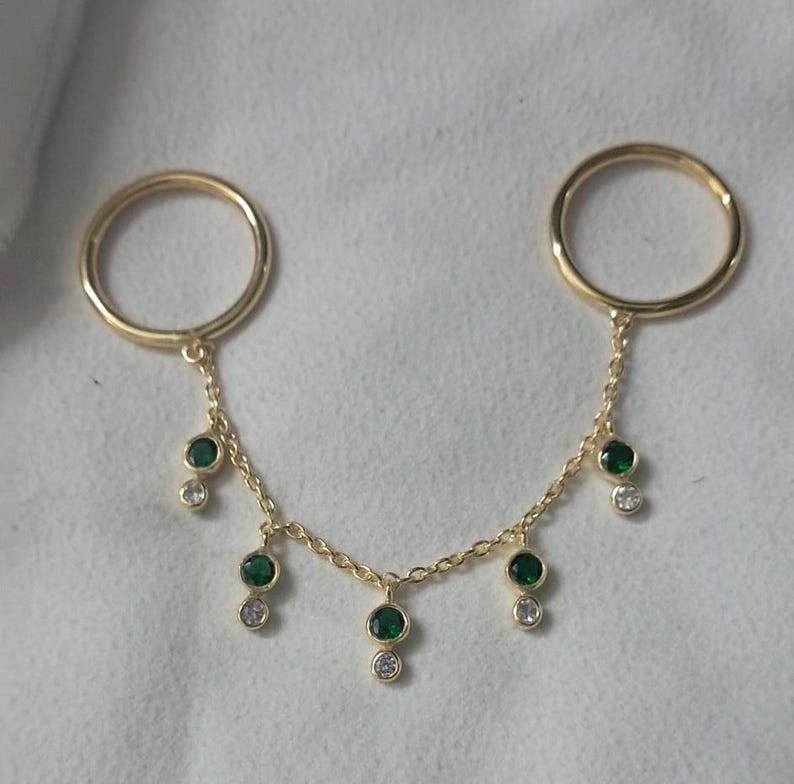 Emerald and CZ Diamond Two Finger Chain Ring, 18k Yellow Plated 6