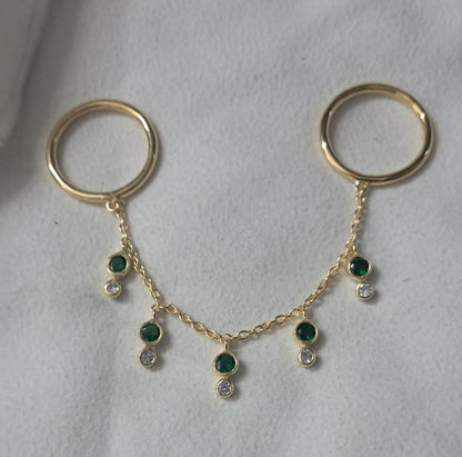 Emerald and CZ Diamond Two Finger Chain Ring, 18k Yellow Plated 6