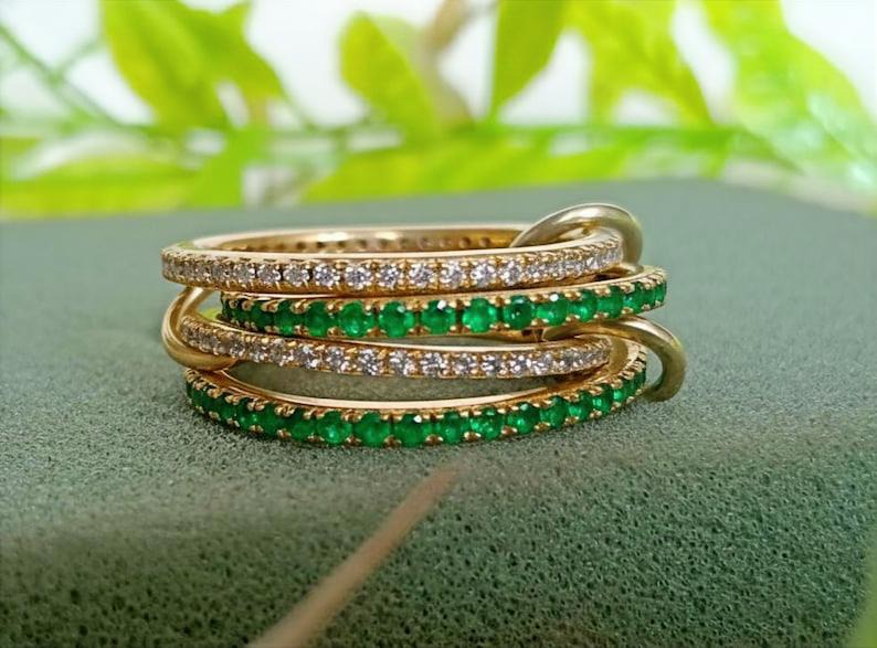 Emerald and Diamond Chunky Interlocking Band Ring, Linked 925 Sterling Silver  devika