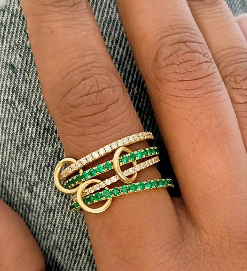Emerald and Diamond Chunky Interlocking Band Ring, Linked 925 Sterling Silver dvikagems