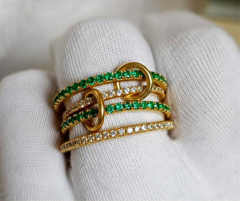 Emerald and Diamond Chunky Interlocking Band Ring, Linked 925 Sterling Silver jewels