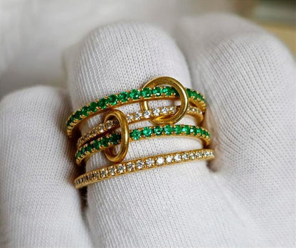 Emerald and Diamond Chunky Interlocking Band Ring, Linked 925 Sterling Silver jewels